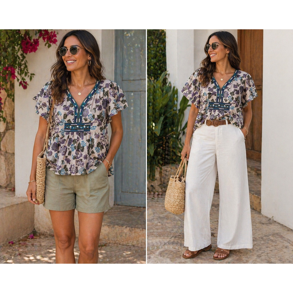 Embroidered Floral Boho Peplum Top Cotton Beaded Peasant Festival Chic Sz-L/XL